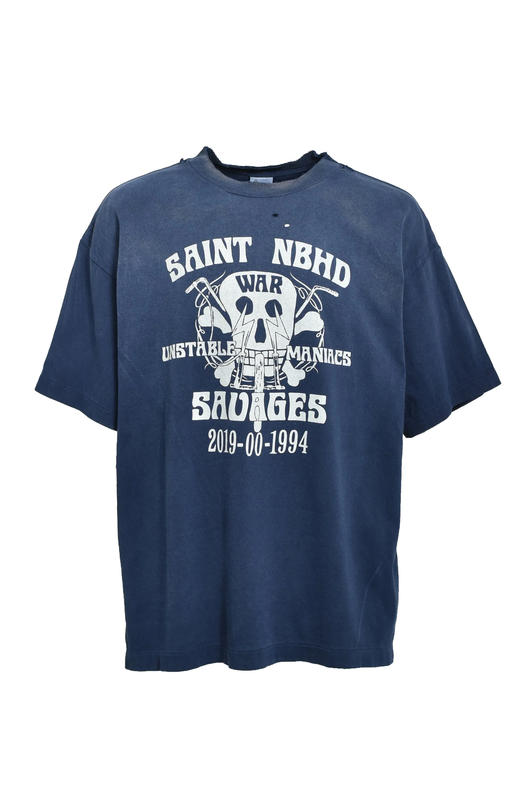 SAINT Mxxxxxx × NEIGHBORHOOD STHD . SS TEE SAINT NBHD/NVY NBHD Takizawa Shinsuke SAINT HOOD joint project Skeleton lightning destruction TEE Washed blue S-XL OE yarn tube weaving without side seam fabric Re-washed to make it distressed Cut and damaged treatment Ma Liu fading process Printing simulates natural distressed effect Correct version Customized joint main mark/wash mark/angel mark